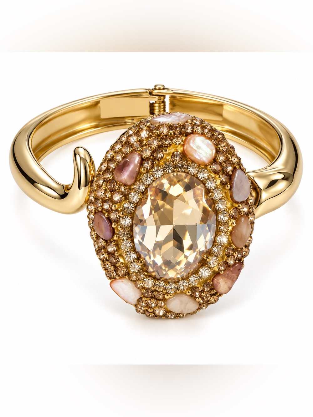 Vintage Inspired Champagne Crystal and Pink Mother-of-Pearl Statement Cuff New